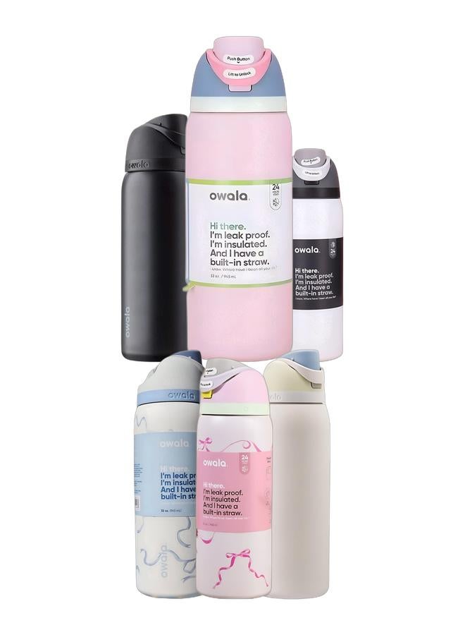Owala FreeSip Insulated Stainless Steel Water Bottle Bundle with Straw, Leak Proof, BPA-Free, Double Insulated Sports Water Bottles, 32 oz, 1-Pack Each – Iced Breeze, Macaron Strawberry, White, Pink Ribbon & Blue Tie - Image 1