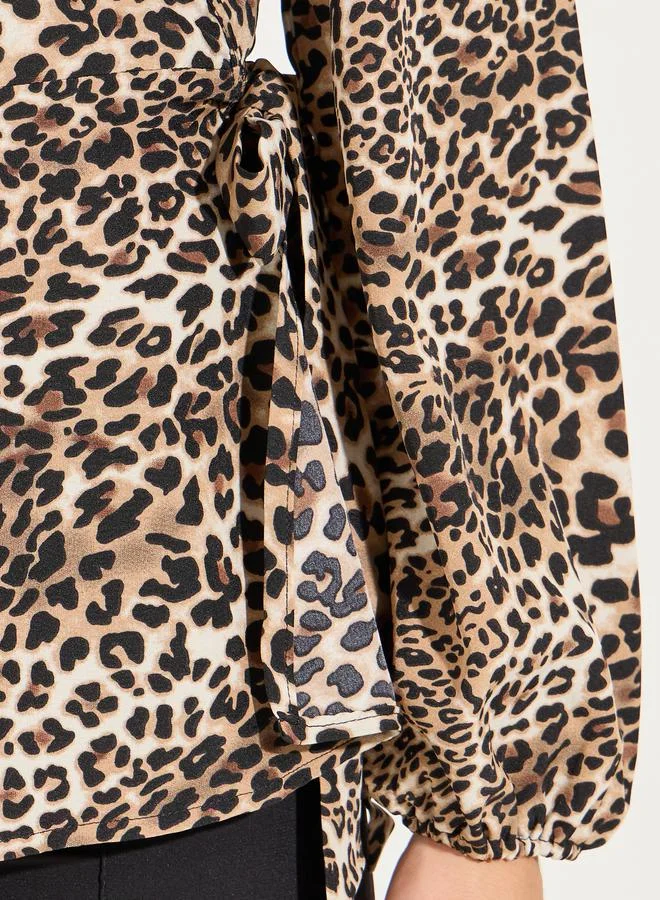Styli Leopard Print Wrap Top with Self Tie Waist