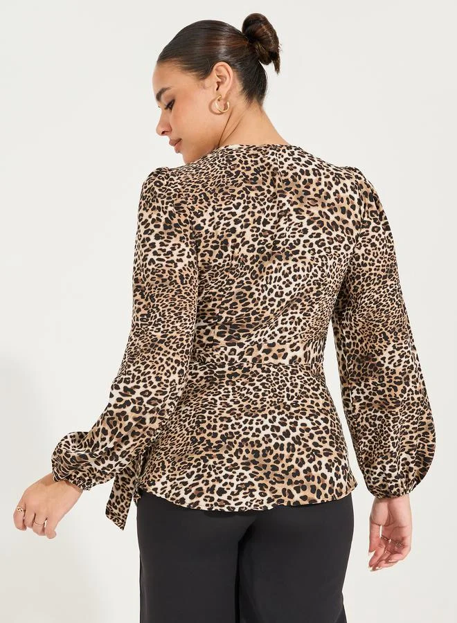 Styli Leopard Print Wrap Top with Self Tie Waist