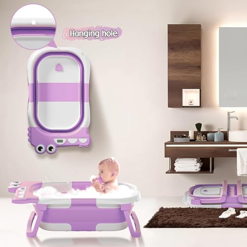 TPN Collapsible Baby Bathtub, Baby Bath Tub with Soft Cushion & Real-Time Thermometer, Baby Bathtub Infant to Toddler Tub (0-36 Months), Portable Travel Baby Tubs for Newborns (Lavender) - Image 2