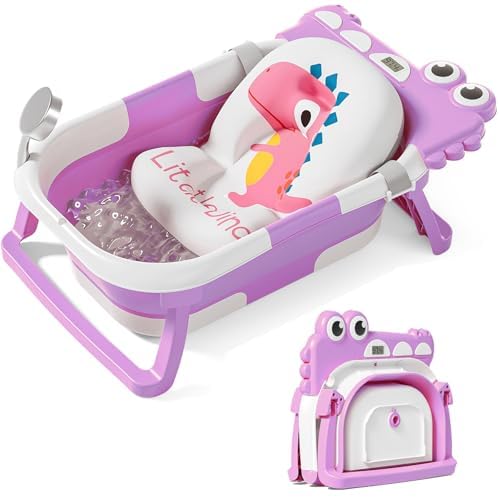 TPN Collapsible Baby Bathtub, Baby Bath Tub with Soft Cushion & Real-Time Thermometer, Baby Bathtub Infant to Toddler Tub (0-36 Months), Portable Travel Baby Tubs for Newborns (Lavender) - Image 1