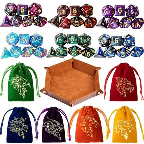 PUGED DND Dice Set 42 Pcs Polyhedral Dungeons and Dragons Rolling Dice for DD RPG MTG Table Games Dice Bulk with Colorful Drawstring Bags and Dice Tray StarTray - Image 1