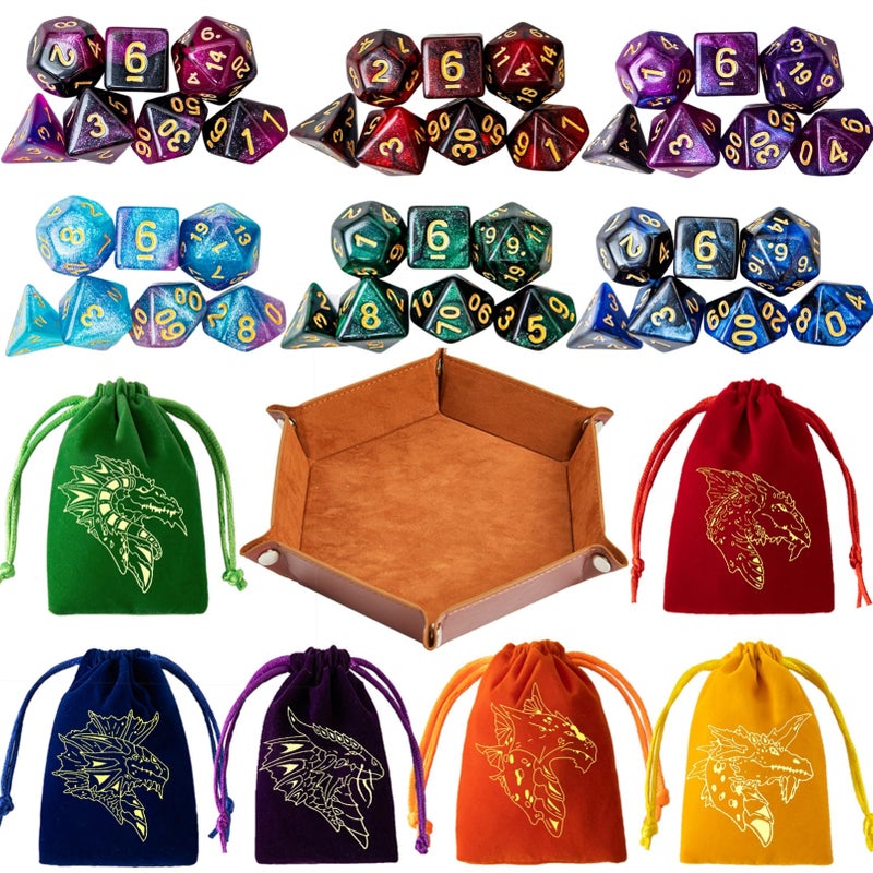 PUGED DND Dice Set 42 Pcs Polyhedral Dungeons and Dragons Rolling Dice for DD RPG MTG Table Games Dice Bulk with Colorful Drawstring Bags and Dice Tray StarTray - Image 3