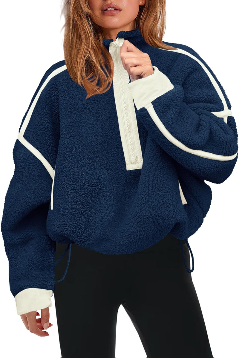Panadila Womens Half Zip Fleece Pullover Sherpa Jacket Fuzzy Sweater Cozy Sweatshirt with Pockets Winter (Midnight Blue,L) - Image 1