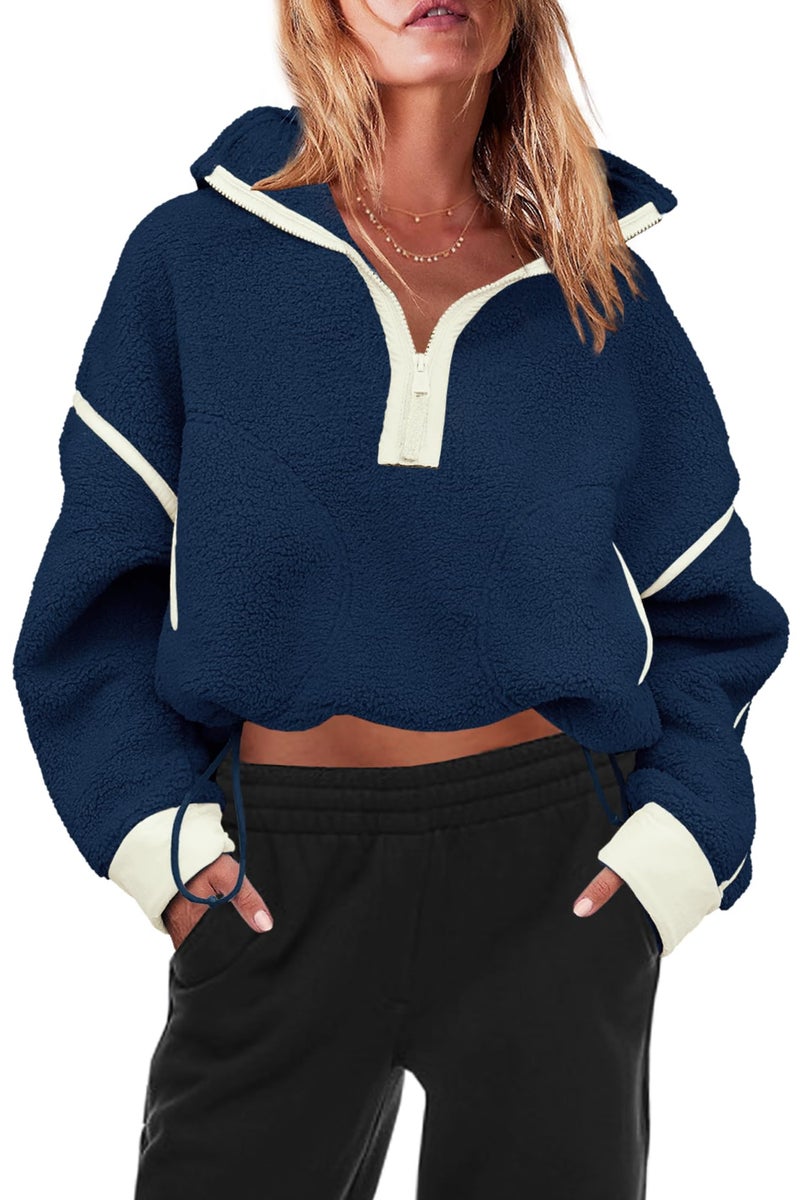 Panadila Womens Half Zip Fleece Pullover Sherpa Jacket Fuzzy Sweater Cozy Sweatshirt with Pockets Winter (Midnight Blue,L) - Image 2