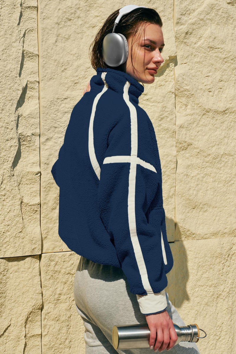 Panadila Womens Half Zip Fleece Pullover Sherpa Jacket Fuzzy Sweater Cozy Sweatshirt with Pockets Winter (Midnight Blue,L) - Image 5