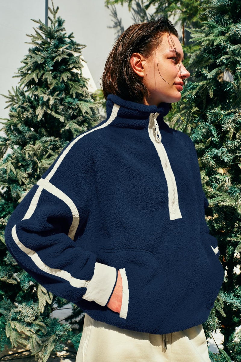 Panadila Womens Half Zip Fleece Pullover Sherpa Jacket Fuzzy Sweater Cozy Sweatshirt with Pockets Winter (Midnight Blue,L) - Image 3