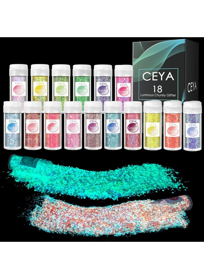 ceya Glow In The Dark Glitter Set 18 Colors 6.3 Oz/ 180G Luminous Chunky Glitter Mix Fine Powder Flakes Fluorescent Nail Sequins For Epoxy Resin Tumblers Halloween Party Festival Decor - Image 1