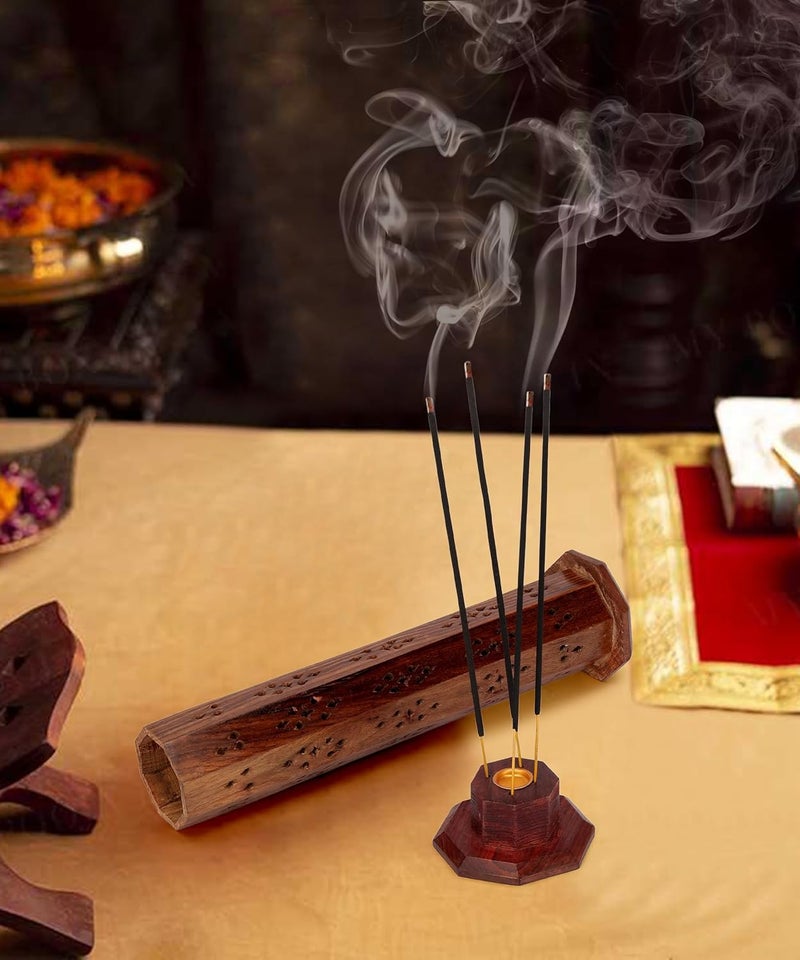 DigiRake حامل بخور وعطر على شكل برج من خشب الشيشام (12 بوصة) - حامل عصي البخور مع صينية لجمع الرماد لغرفة العبادة، المكتب وزينة المنزل - Image 1