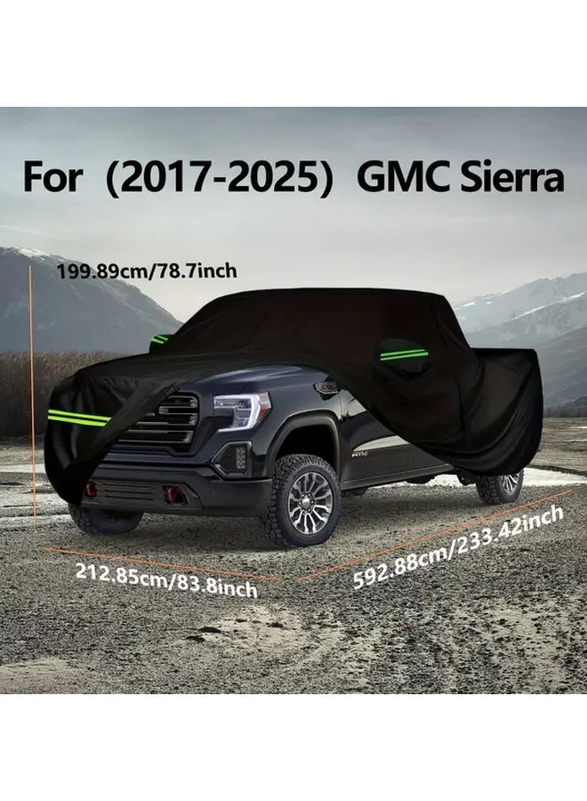 مناسب لغطاء السيارة الواقي من الشمس لجميع الظروف الجوية موديلات 2017-2025 من GMC سييرا بيك أب، باللون الأسود، مع سحابات للأبواب، وأبازيم مقاومة للرياح، وشرائط عاكسة للحماية من الثلج والأشعة فوق البنفسجية. - Image 2