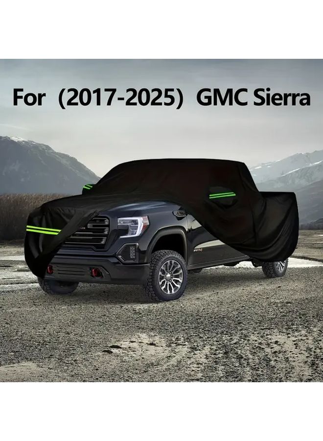 مناسب لغطاء السيارة الواقي من الشمس لجميع الظروف الجوية موديلات 2017-2025 من GMC سييرا بيك أب، باللون الأسود، مع سحابات للأبواب، وأبازيم مقاومة للرياح، وشرائط عاكسة للحماية من الثلج والأشعة فوق البنفسجية. - Image 1