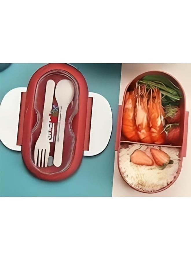 Lunch box for boys and girls - two-section food container with spoon and fork - leak-proof lunch box, BPA-free, food-grade materials, and microwave safe (red and white) - Image 1