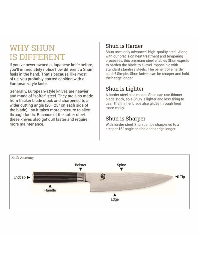 Shun طقم أدوات المائدة الكلاسيكي 5 قطع مع كتلة البداية؛ سكين تقشير بطول 3.5 بوصة، سكين متعددة الاستخدامات بطول 6 بوصات، سكين شيف بطول 8 بوصات، قضيب شحذ مدمج، كتلة رفيعة بـ 6 فتحات؛ التعامل مع أي مهمة في المطبخ - Image 4