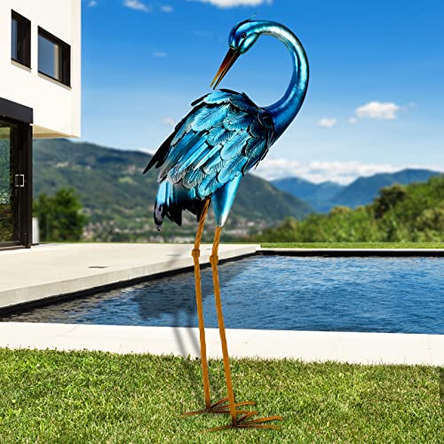 chisheen Metal Crane Garden Statue Blue Heron Sculpture Yard Art Large Heron Decoy Bird Statues Lawn Ornaments for Backyard Pond Patio Porch Outside Decorations