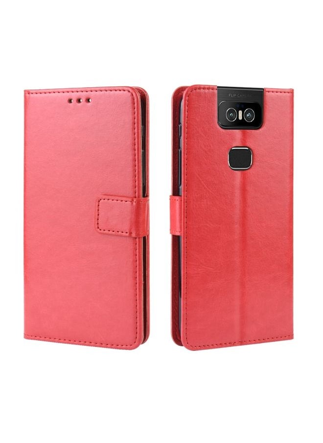 HuHa Case Cover Retro Crazy Horse Texture Horizontal Flip Leather Case for Asus Zenfone 6 ZS630KL, with Holder & Card Slots & Photo Frame Red 