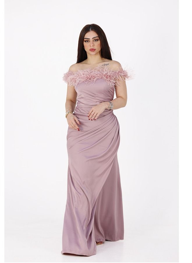 Modern Design A soft top evening dress for your softness and charming femininity, made of taffeta material, with off-the-shoulder shoulders, decorated with feathers, tied at the waist, elegant in dressing  - Image 1