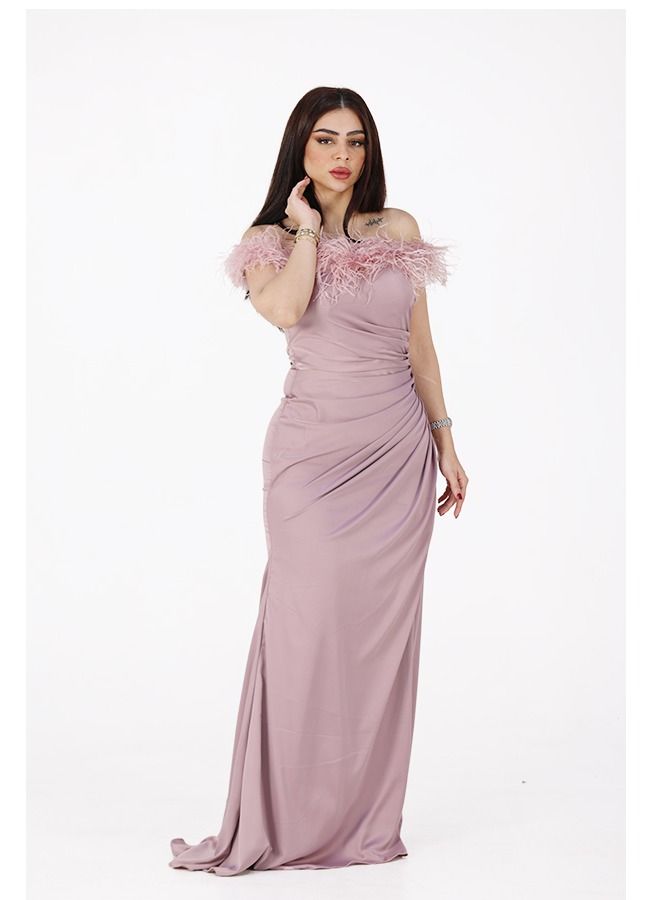 Modern Design A soft top evening dress for your softness and charming femininity, made of taffeta material, with off-the-shoulder shoulders, decorated with feathers, tied at the waist, elegant in dressing  - Image 3