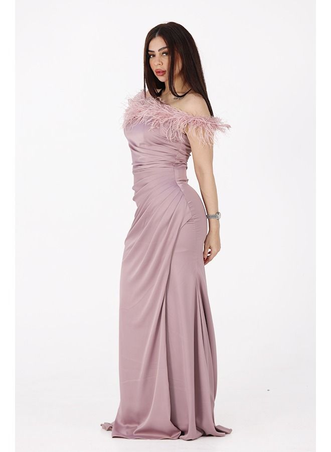 Modern Design A soft top evening dress for your softness and charming femininity, made of taffeta material, with off-the-shoulder shoulders, decorated with feathers, tied at the waist, elegant in dressing  - Image 2