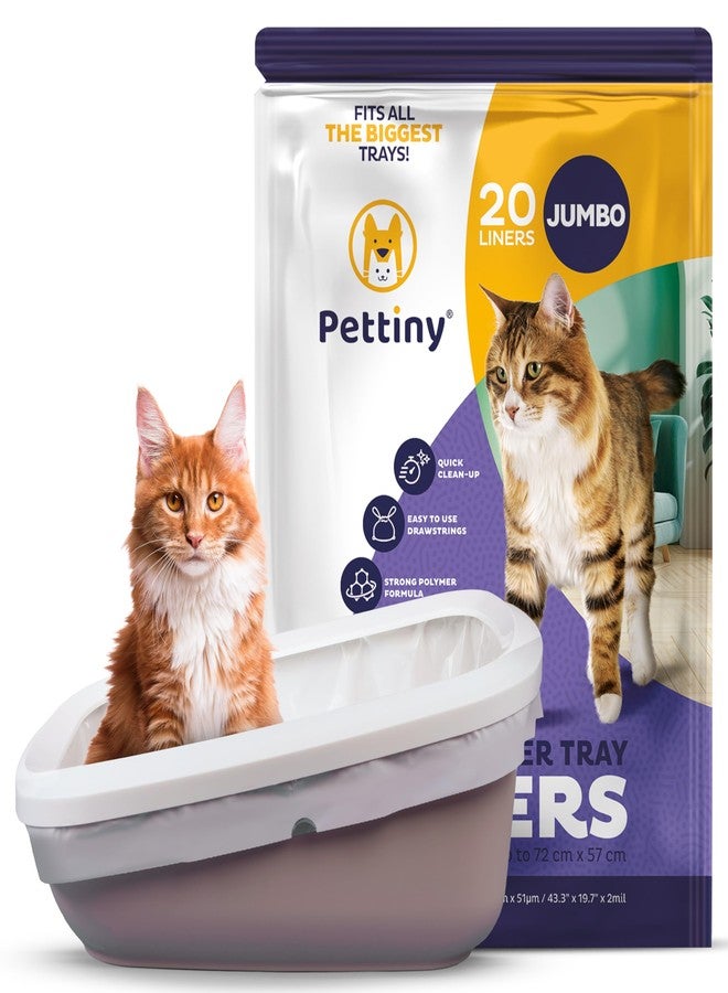 Pettiny 20 Jumbo Litter Box Liners with Drawstrings - Scratch Resistant Cat Litter Bags for the Biggest Litter Pan - Image 1
