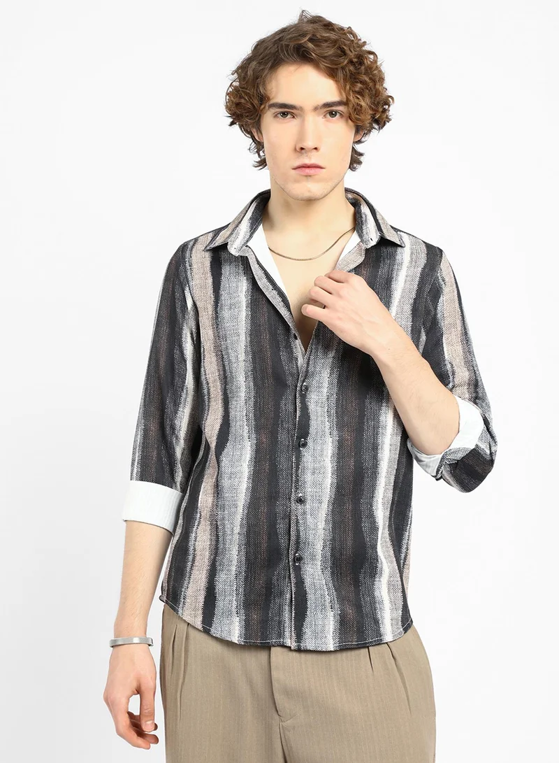 كامبوس سوترا Men's Prussian Blue & Ash Brown Brushed-Stripe Shirt For Casual Wear | Spread Collar | Long Sleeve | Button Closure | Shirt Crafted With Comfort Fit For Everyday Wear