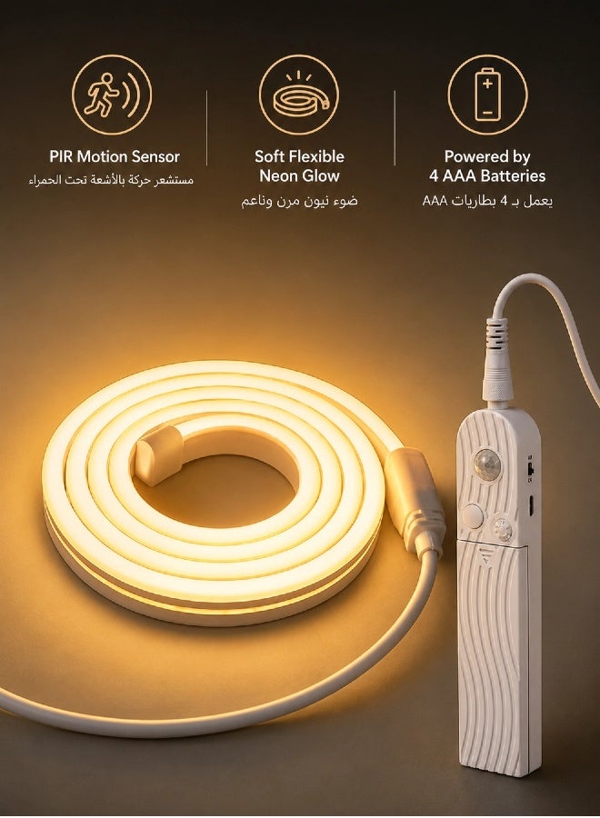 Battery Powered Silicone Neon Tape Light with Smart Motion Sensor, 2M Wireless Warm White Flexible LED Strip, No-Drill Self-Adhesive Ambient Light for Cabinet, Shelf, Kitchen, Bedroom & Display - Image 1