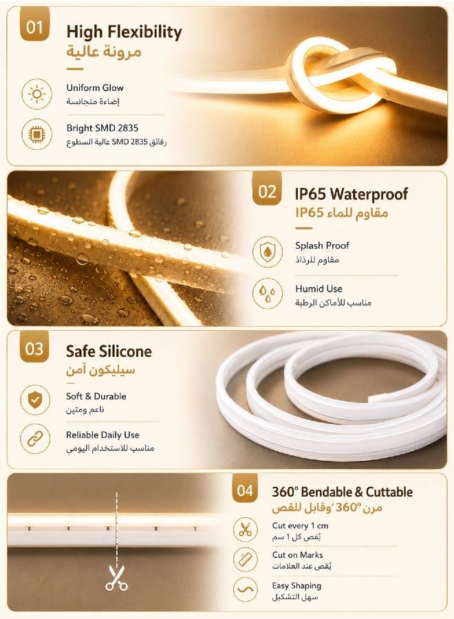 Battery Powered Silicone Neon Tape Light with Smart Motion Sensor, 2M Wireless Warm White Flexible LED Strip, No-Drill Self-Adhesive Ambient Light for Cabinet, Shelf, Kitchen, Bedroom & Display - Image 5