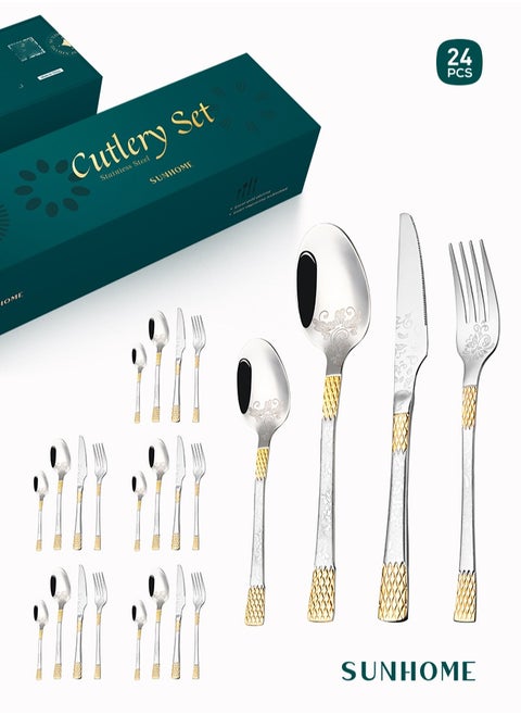 SUNHOME 24-Piece Stainless Steel Cutlery Set Kitchen Utensil Set Western Tableware Suitable For Home Kitchen Restaurant Hotel Party Dining Picnic Dining Exquisite Packaging Gift