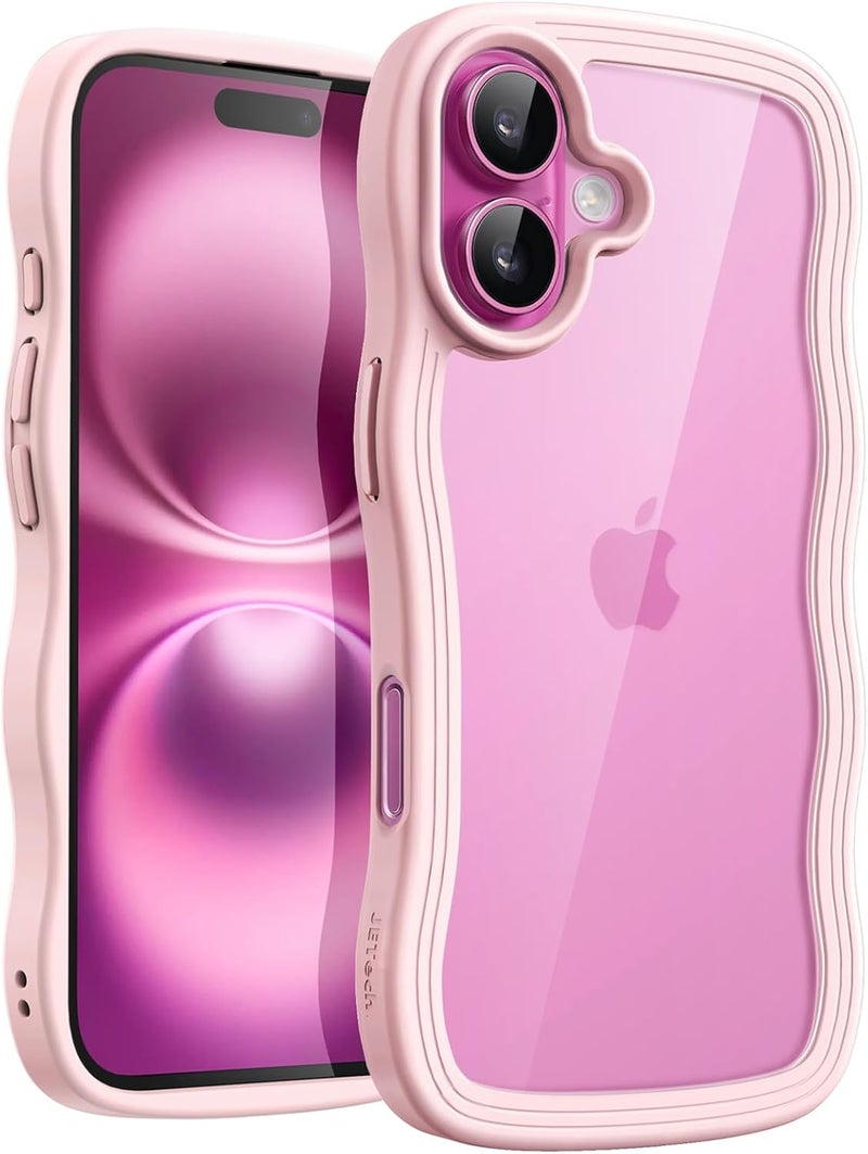 Jetech Wavy Case For Iphone 16 6.1-Inch, Cute Wave Frame Curly Shape Shockproof Phone Cover For Women And Girls, Clear Hard Pc Back Light Pink - Image 1