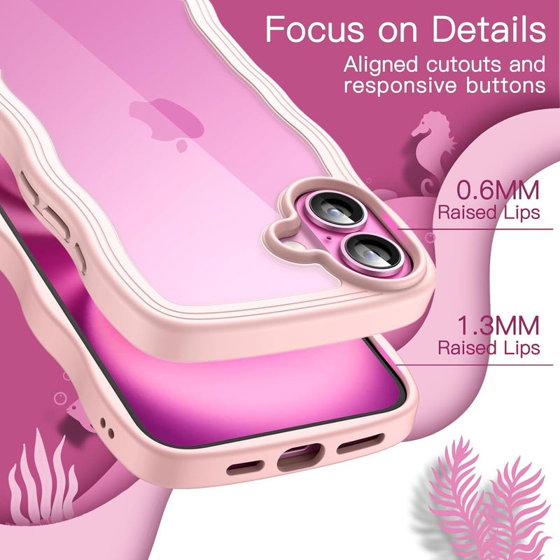 Jetech Wavy Case For Iphone 16 6.1-Inch, Cute Wave Frame Curly Shape Shockproof Phone Cover For Women And Girls, Clear Hard Pc Back Light Pink - Image 5