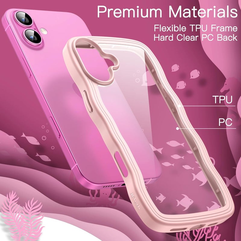 Jetech Wavy Case For Iphone 16 6.1-Inch, Cute Wave Frame Curly Shape Shockproof Phone Cover For Women And Girls, Clear Hard Pc Back Light Pink - Image 4