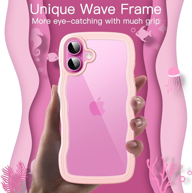 Jetech Wavy Case For Iphone 16 6.1-Inch, Cute Wave Frame Curly Shape Shockproof Phone Cover For Women And Girls, Clear Hard Pc Back Light Pink - Image 3