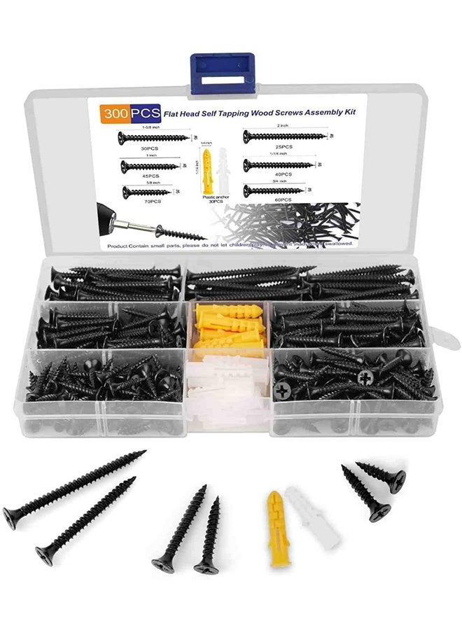 MVAQKLM  300Pcs, Phillips Head Fast Flat Self-Tapping Screws, Drywall Anchors Kit Self Drilling, #6 Length 3/4" to 2" Black Wood Screws Assortment Fasteners Kit with Case - Image 1