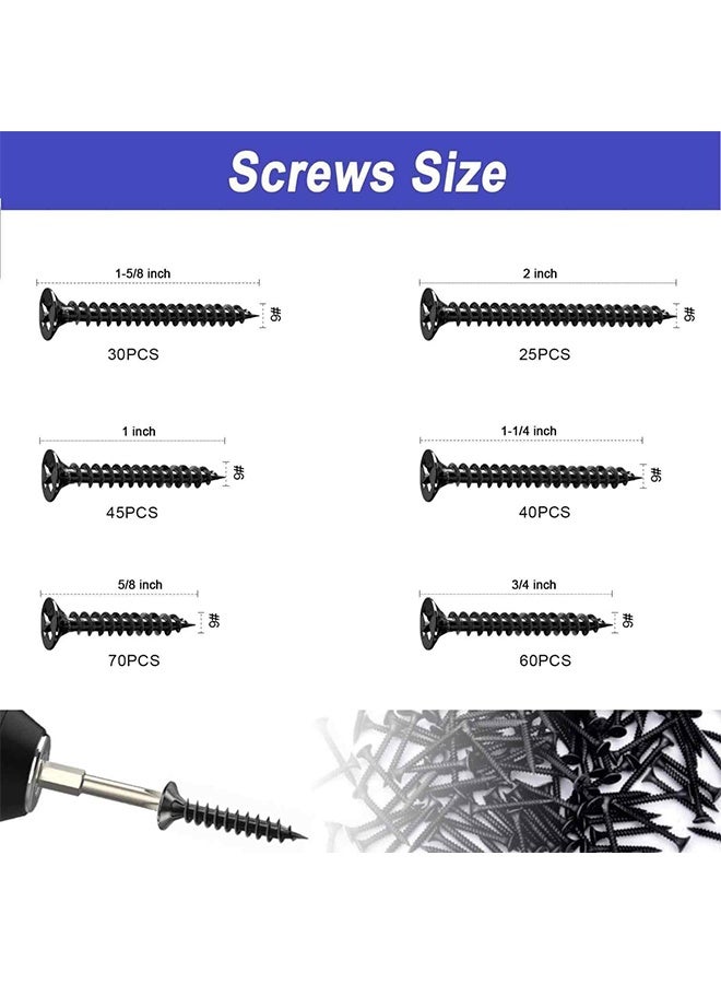 MVAQKLM  300Pcs, Phillips Head Fast Flat Self-Tapping Screws, Drywall Anchors Kit Self Drilling, #6 Length 3/4" to 2" Black Wood Screws Assortment Fasteners Kit with Case - Image 3