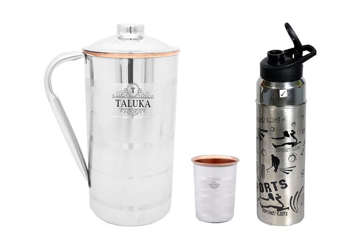STAINLESS STEEL COPPER JUG 2000 ML FOR DRINKING WATER WITH 1 STEEL BOTTLE AND 1 STEEL COPPER GLASS 350 ML WATER STORAGE