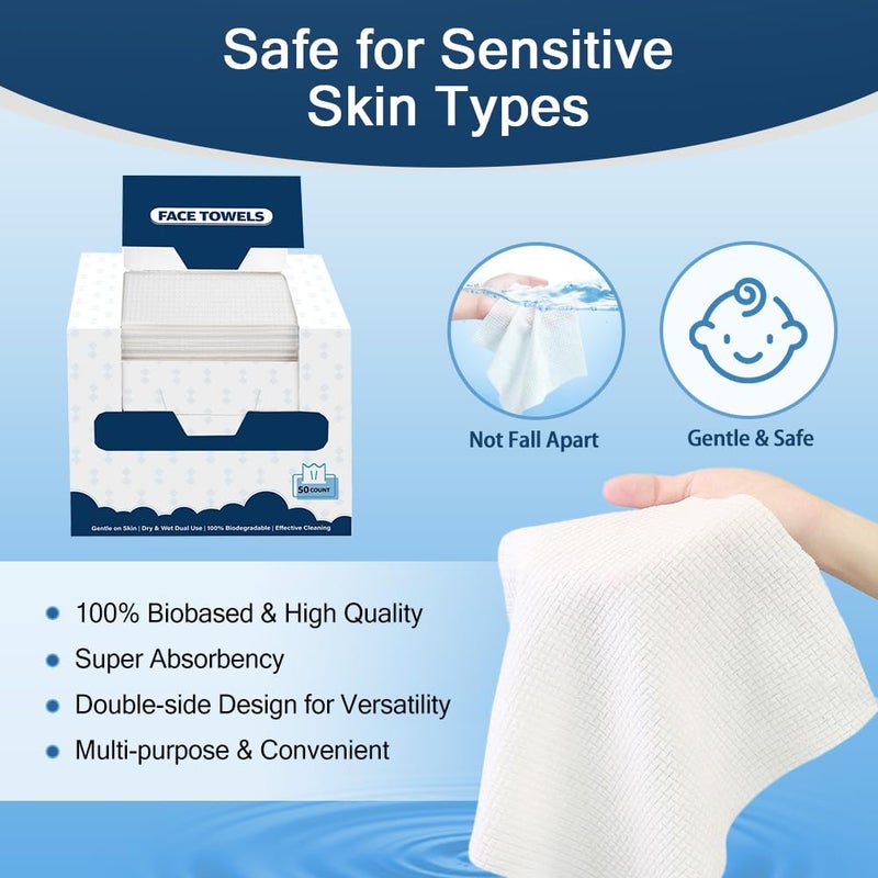 GLIMGLINT Face Towels, 100 Count (2 Box) Disposable Face Towelettes, Biodegradable Makeup Remover Dry Wipes, Super Soft Clean Facial Towels Wash Cloth for Sensitive Skin - Image 5