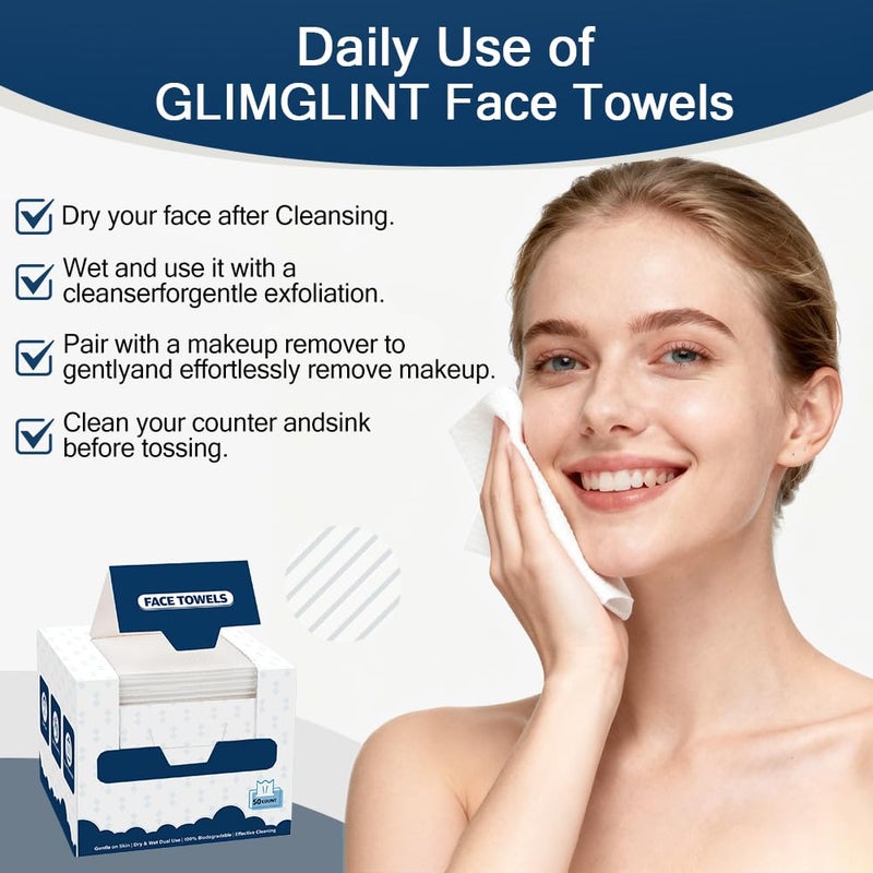 GLIMGLINT Face Towels, 100 Count (2 Box) Disposable Face Towelettes, Biodegradable Makeup Remover Dry Wipes, Super Soft Clean Facial Towels Wash Cloth for Sensitive Skin - Image 2