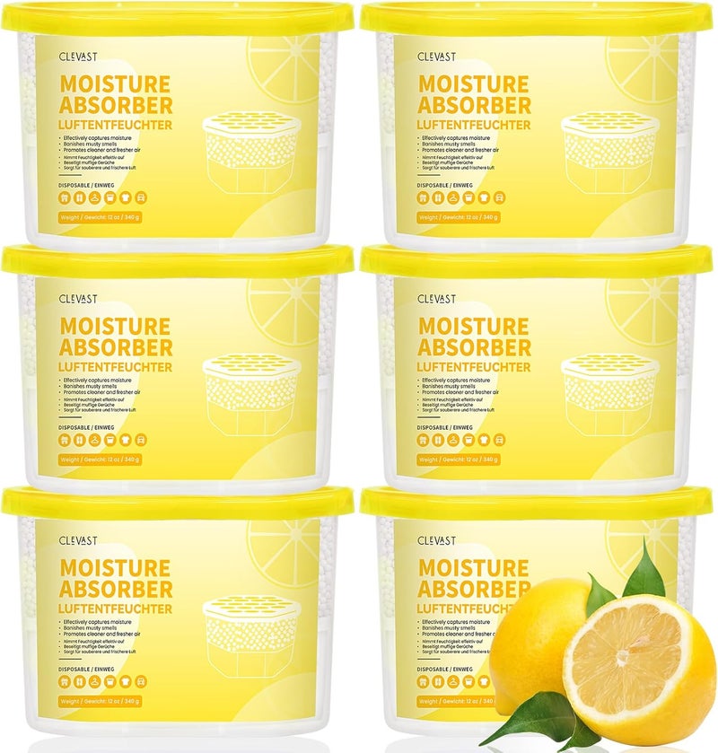 CLEVAST Lemon Scented Moisture Absorber Boxes, 6 Pack Calcium Chloride Dehumidifier Boxes for Closet, Wardrobe, Bathroom, Bedroom, Kitchen and Laundry Room (340g/Pack) - Image 1