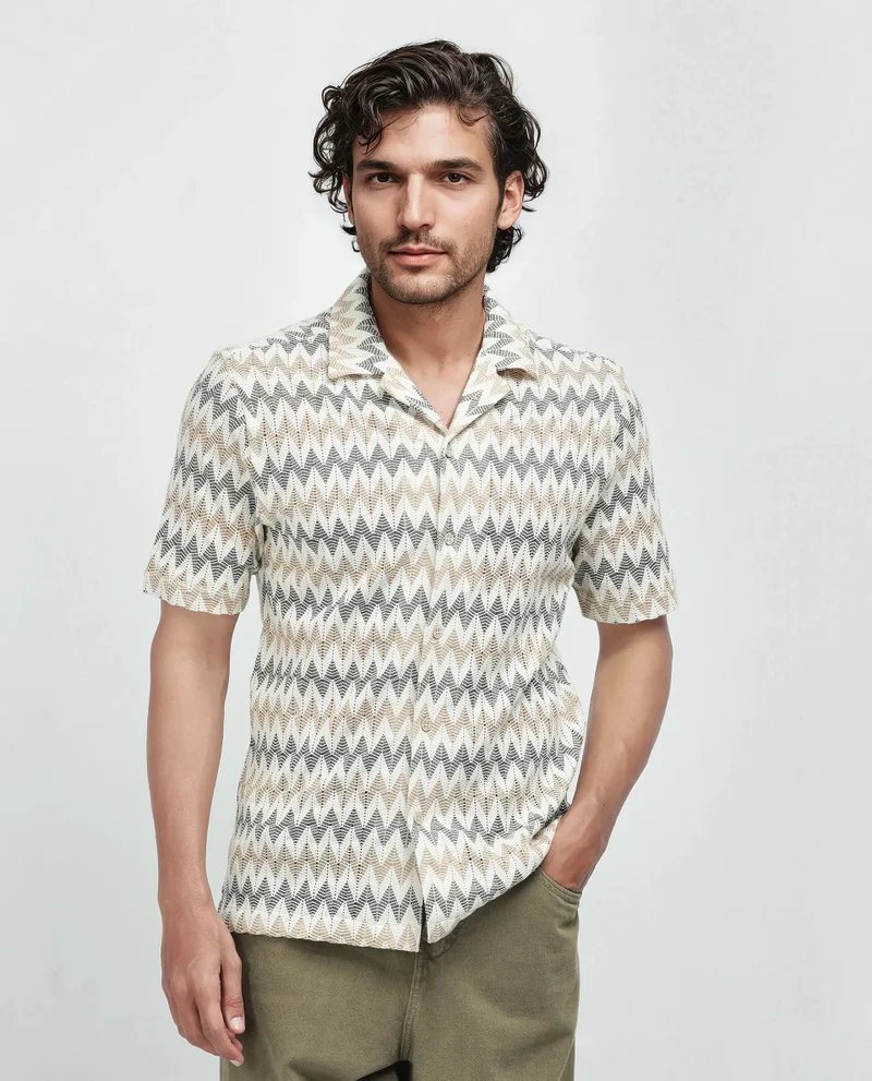 Rare Rabbit Rare Rabbit Men's Nikon Beige Cotton Fabric Short Sleeve Collared Neck Plain Shirt