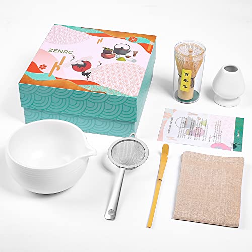 zenrc Ceremony Matcha Kit - Traditional Bamboo Matcha Chasen Chashaku Chawan Bowl with Pouring Spout Whisk Holder Sifter Tea Towel- The Perfect Matcha Set (Ivory White, Set of 6) - Image 1