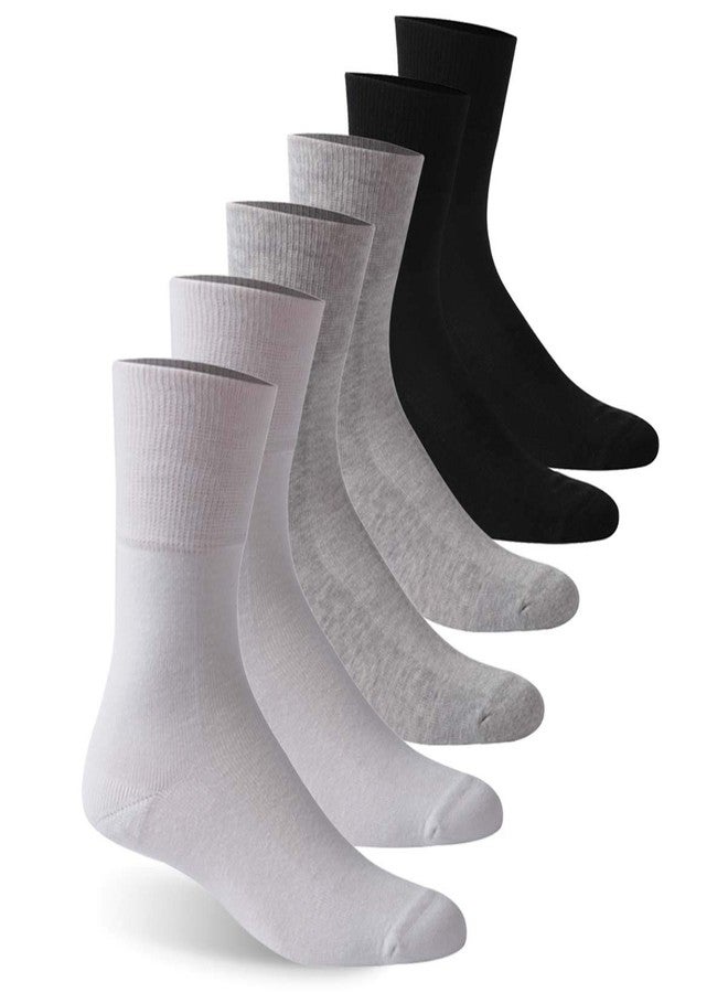 Facool Diabetic Crew Socks for Men Women, Non-Binding Loose Top Seamless Toe Moisture Wicking Soft Cotton Diabete Dress Quarter Long Neuropathy Socks, 6 Pairs White/Grey/Black Medium - Image 1