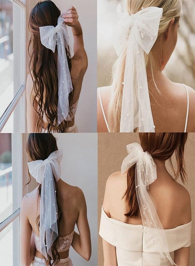 RECTYO GALLERY 1 Pack Luxury White Bow Hairpin Net Gauze Ribbon Pearl Hair Ornaments Bride Wedding Tiara Temperament Girl Bridesmaid Hair Decoration|White color - Image 3