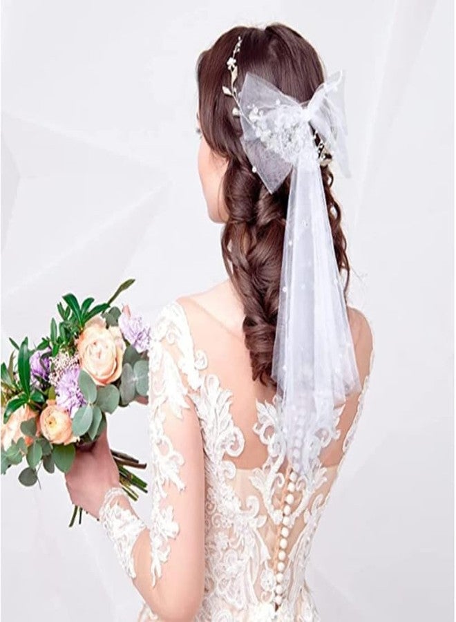 RECTYO GALLERY 1 Pack Luxury White Bow Hairpin Net Gauze Ribbon Pearl Hair Ornaments Bride Wedding Tiara Temperament Girl Bridesmaid Hair Decoration|White color - Image 5