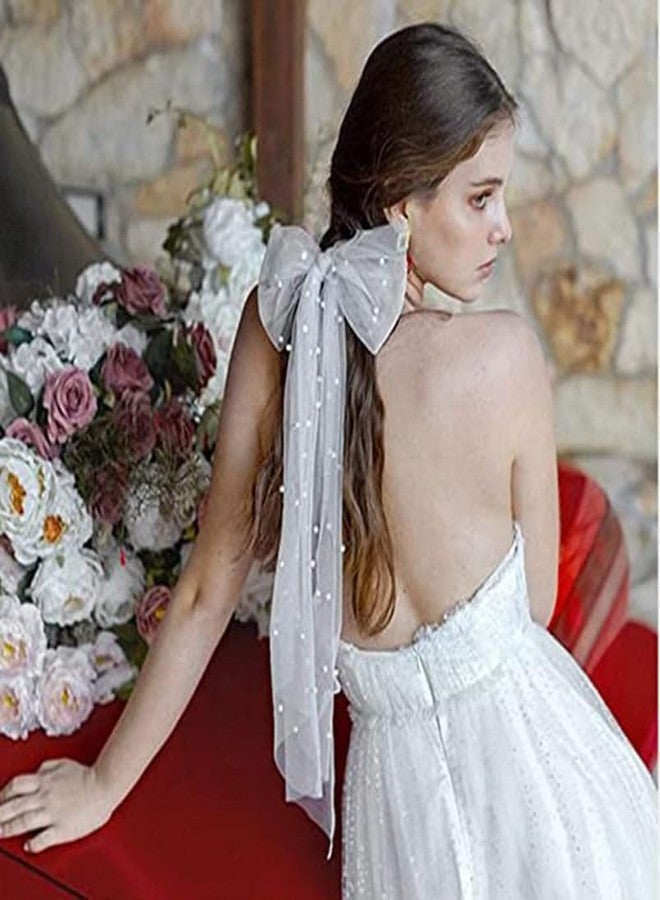 RECTYO GALLERY 1 Pack Luxury White Bow Hairpin Net Gauze Ribbon Pearl Hair Ornaments Bride Wedding Tiara Temperament Girl Bridesmaid Hair Decoration|White color - Image 4