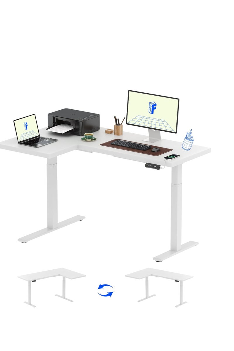 ماهاماي مكتب كهربائي قائم من FLEXISPOT Pro - على شكل حرف L، مقاس 63 × 40 بوصة، مكتب زاوية قابل لتعديل الارتفاع بمحركين وسطح توصيل أبيض للمنزل والمكتب - Image 1