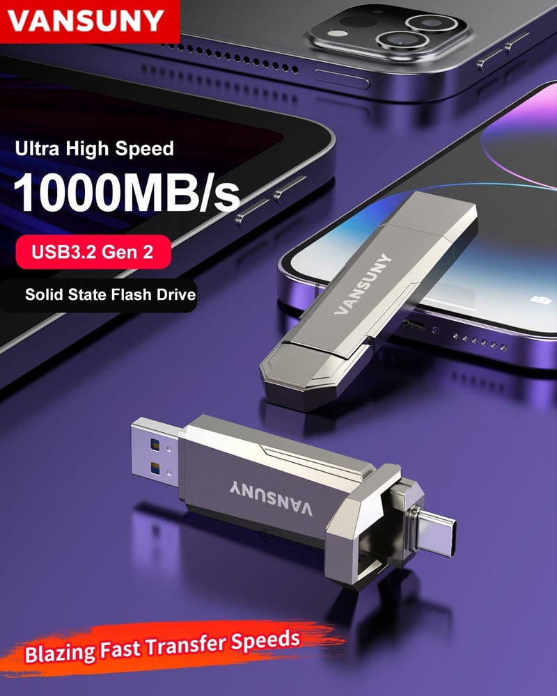 فانسوني 512 جيجابايت SSD خارجي من النوع C + USB A 3.2 Gen2 - SSD محمول 512 جيجابايت بسرعة تصل إلى 1000 ميجابايت/ثانية - محرك أقراص الحالة الصلبة للابتوب والتابلت - Image 2
