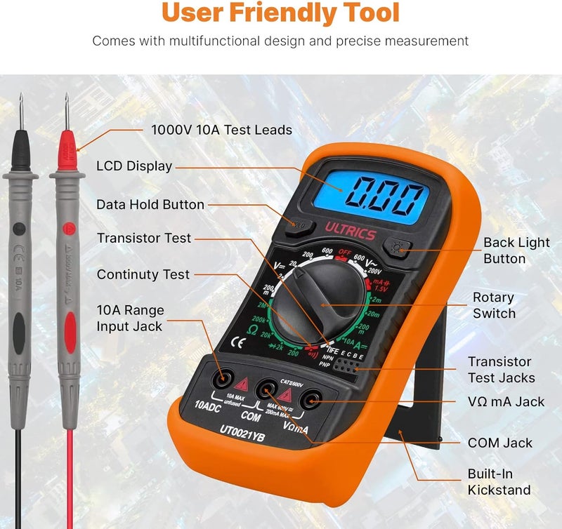 ULTRICS Digital Multimeter, Voltmeter Ammeter Ohmmeter Circuit Checker with Backlight LCD Test Leads, Portable Multi Tester Measures OHM AC DC Voltage Current Resistance Continuity Diodes Transistor - Image 2