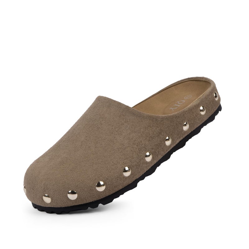 QIY Womens Taupe Clogs Slip on Studded Faux Suede Mules Comfortable Footbed Mule Potato Shoes for Women Size 7.5 - Image 4