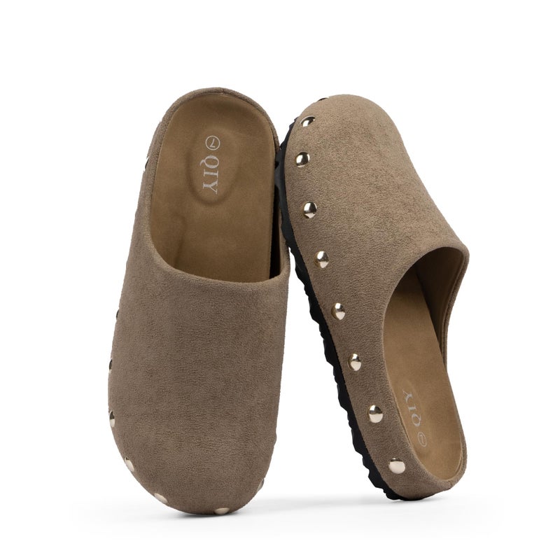 QIY Womens Taupe Clogs Slip on Studded Faux Suede Mules Comfortable Footbed Mule Potato Shoes for Women Size 7.5 - Image 5