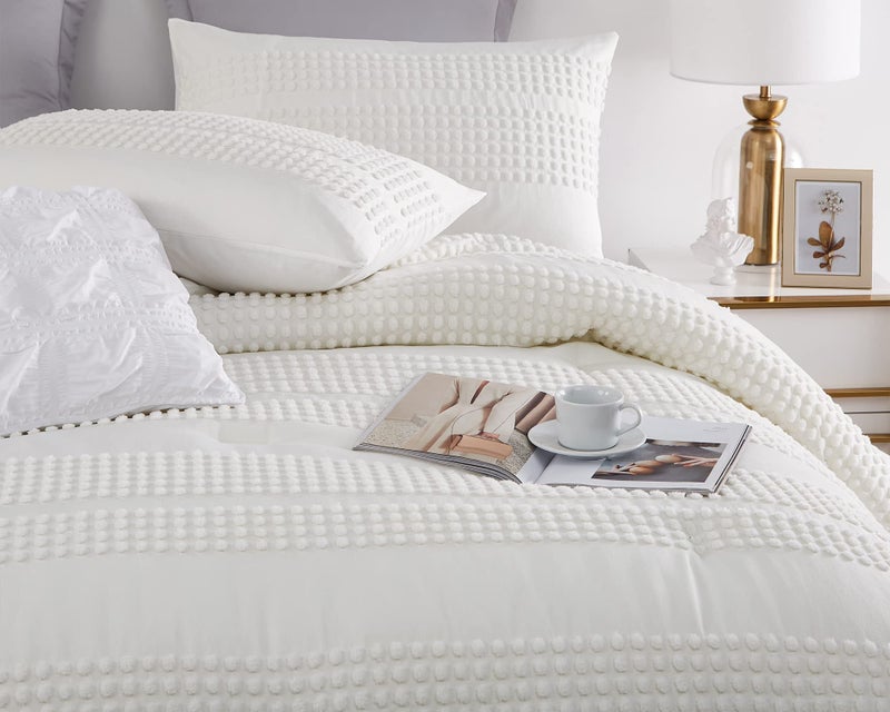 Cupocupa Queen Comforter Set White Comforters Queen Size Sets Boho Tufted Shabby Chic Vintage Farmhouse Bedding Set Soft Fluffy Lightweight Comforter with 2 Pillow Cases for All Season - Image 3
