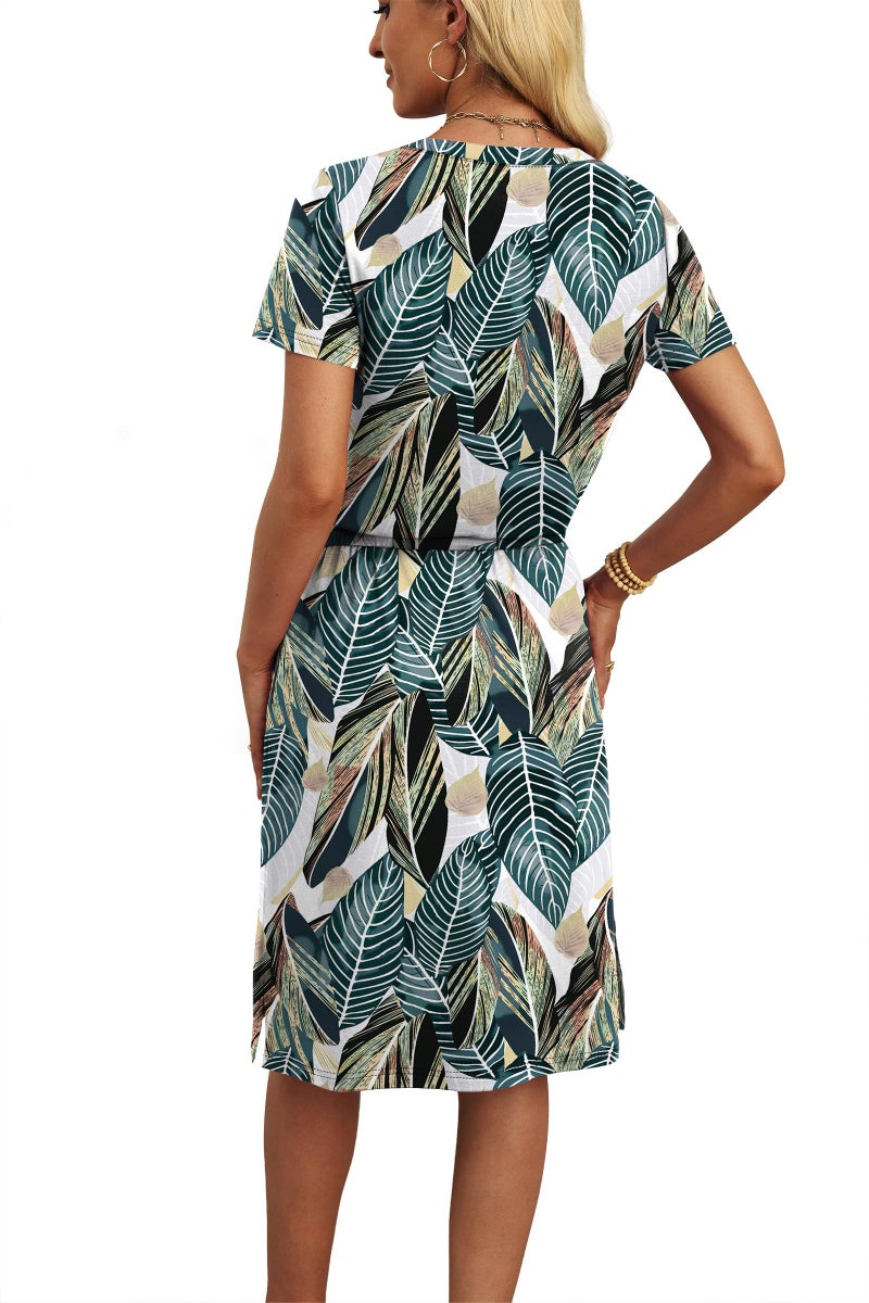 OFEEFAN Sundresses for Women 2026 Boho Maxi Spring Dresses Short Sleeve Tie Waist Resort Wear for Women with Pockets Floral Palm Leaf S - Image 5